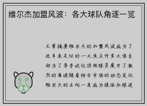 维尔杰加盟风波:各大球队角逐一览 维尔杰加盟风波:各大球队角逐一览